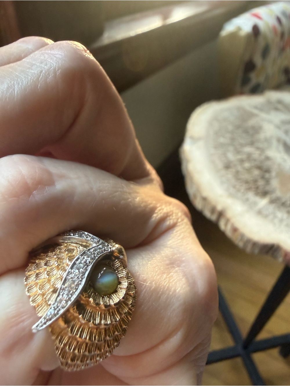 Vintage Cocktail 14K Gold Owl Ring with Diamonds + Cat Eye Chrysoberyls 🦉